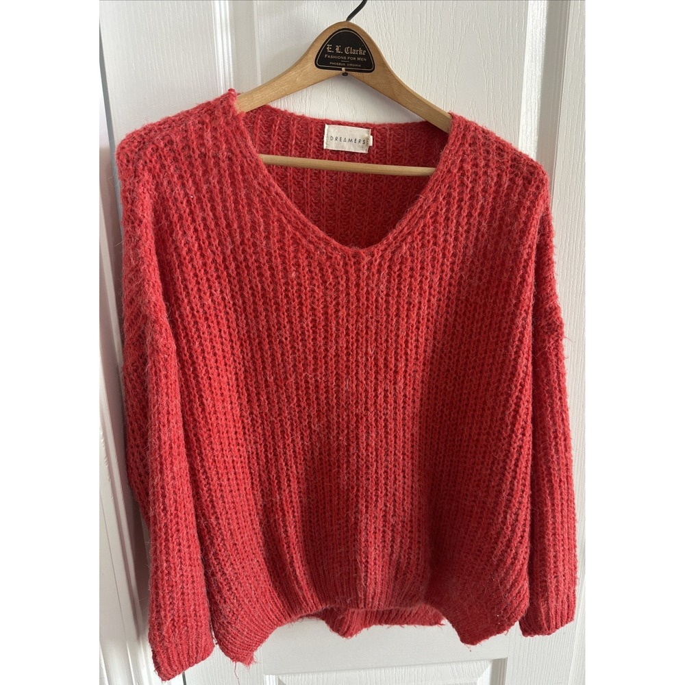 Dreamers Womens Size S/M Coral Red Fuzzy Knit V-Neck Oversized Sweater C8887